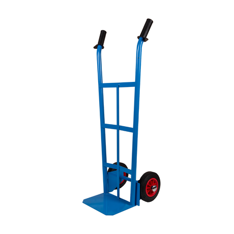 Solid tyre sack truck with high-grade steel frame and knuckle guard grips, featuring robust powder-coated finish and 200mm solid wheels.