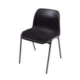 Black plastic stacking chair with sleek design.