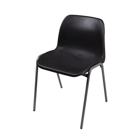 Black plastic stacking chair with sleek design.