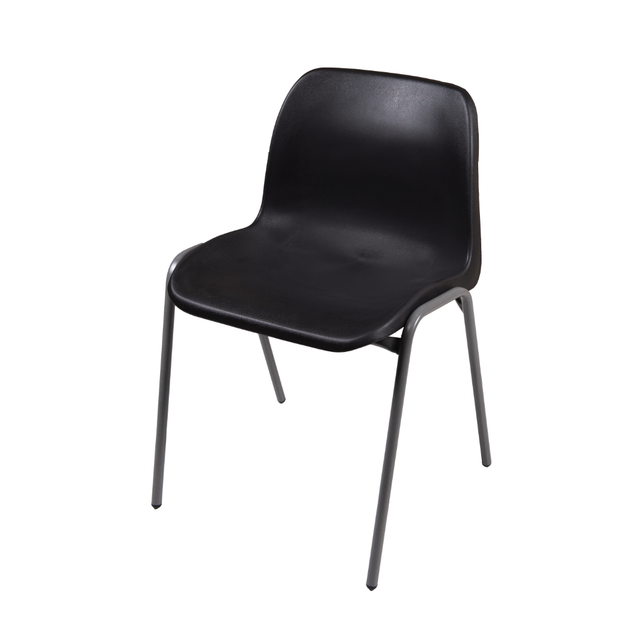 Black plastic stacking chair with sleek design.