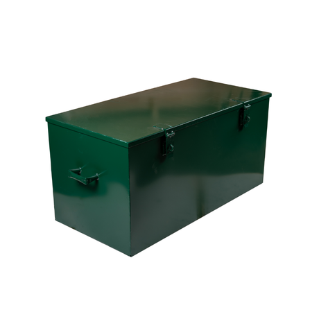 Durable green steel site tool box with secure locks and handles.
