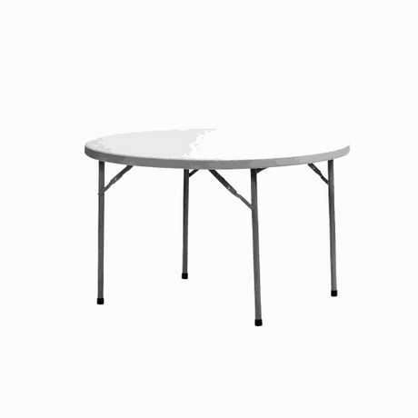 4ft round polypropylene table with folding legs, durable high-density design, versatile for indoor and outdoor use, Windsor 120.
