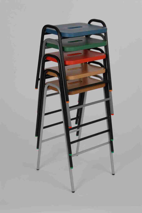 Stacked Hille Beech & MDF flat top stools in various colors with durable steel frames.