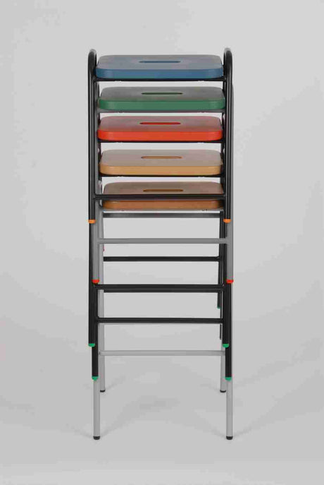 Stacked Hille Beech & MDF flat top stools with colorful options.