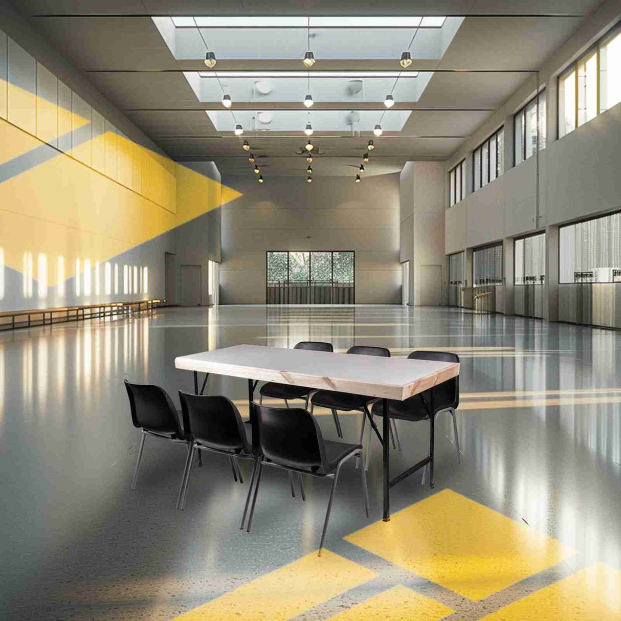 Black plastic stacking chairs arranged around a table in a spacious room.