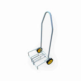Silver frame Follow On Trolley with solid wheels and collapsible design for easy storage and transport.