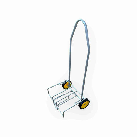 Silver frame Follow On Trolley with solid wheels and collapsible design for easy storage and transport.